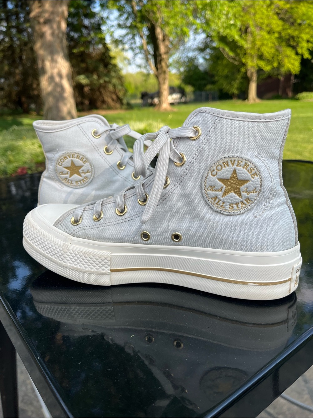 CONVERSE CHUCK TAYLOR SEASONAL LIFT HI PLATFORM SNEAKERS in gray/gold size 7